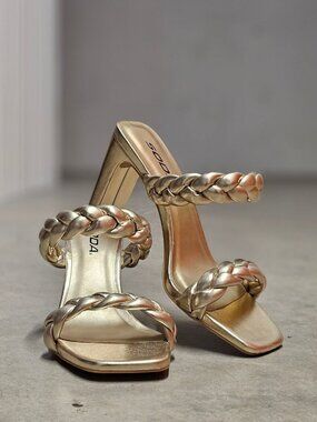 Braided Metallic Gold Block Heel Sandals Open Toe Square Toe Design Womens Shoes
